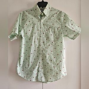 LAND'S END Men's Shirt Short Sleeves Button up Casual Sage with Lady Bugs Size S